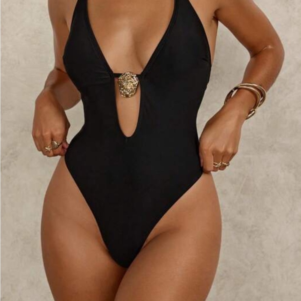 SHEIN Black One Piece Swimsuit with Deep V-Neck